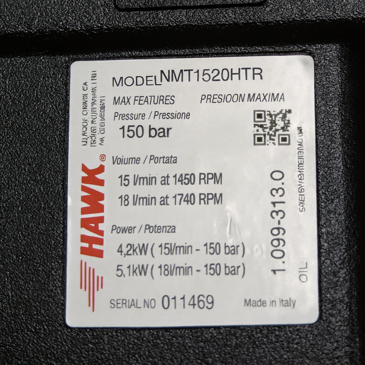 Bomba HAWK, mod. NMT1520HTR - 18l/min. | 200 bar | 1750 RPM | 7,5CV - ÁGUA QUENTE