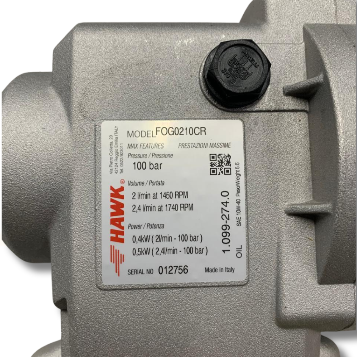 Bomba HAWK, mod. FOG0210CR - 2.4l/min. | 100 bar | 1750 RPM | 1,5CV